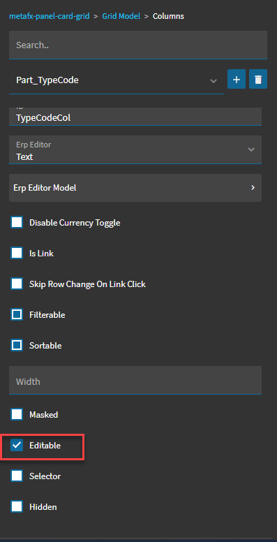 Grid Model > Columns for one column with the Editable checkbox ticked