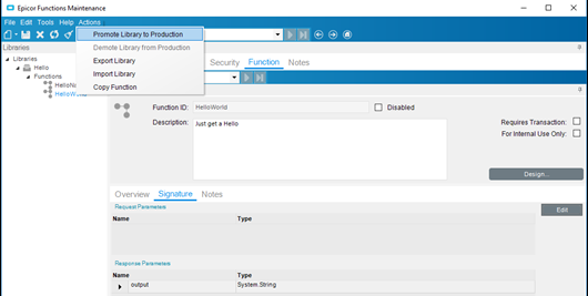 Epicor Functions Maintenance Actions menu showing Promote Library to Production, Demote Library from Production, Export Library, Import Library and Copy Function