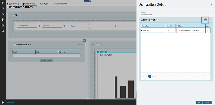 Subscriber Setup panel with one row: Subscriber Sales Rep, Condition equals, Publisher CallContextBpmData.Character01