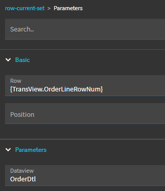 row-current-set Parameters: Row {TransView.OrderLineRowNum} and Dataview OrderDtl