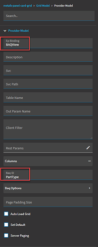 Grid Model > Provider Model with Ep Binding and Baq ID filled in, and the Auto Load Grid, Set Default and Server Paging options at the bottom