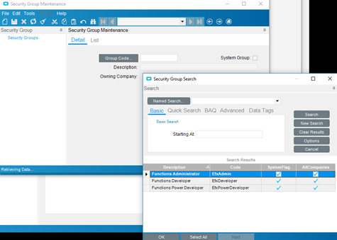 Security Group Search listing the Functions Administrator, Functions Developer and Functions Power Developer groups