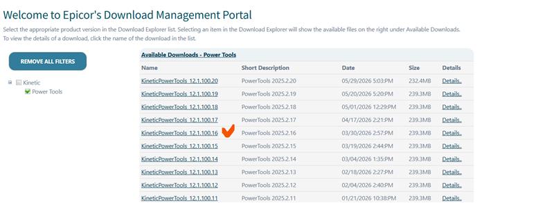 EpicWeb download list of Kinetic Power Tools builds with their matching 2025.2 release numbers