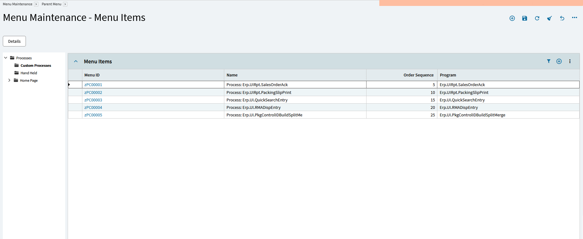 Menu Maintenance showing the Custom Processes folder and its menu items