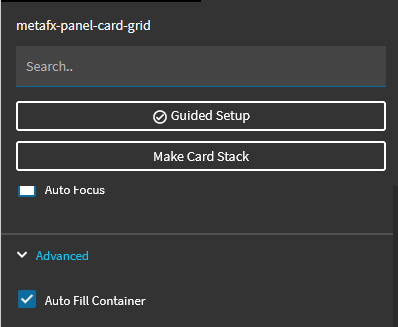 metafx-panel-card-grid properties with the Advanced group open and Auto Fill Container ticked