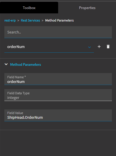 rest-erp Method Parameters entry: Field Name orderNum, Field Data Type integer, Field Value taken from a screen column