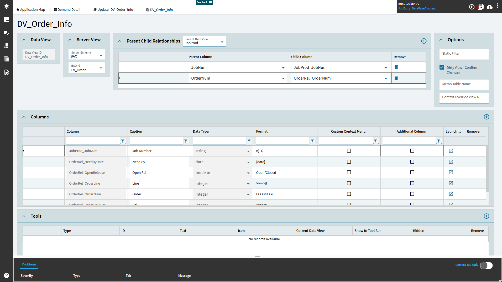 Data View designer for a custom BAQ view showing the Data View, Server View, Parent Child Relationships (parent JobProd with two column pairs), Options, Columns and Tools sections