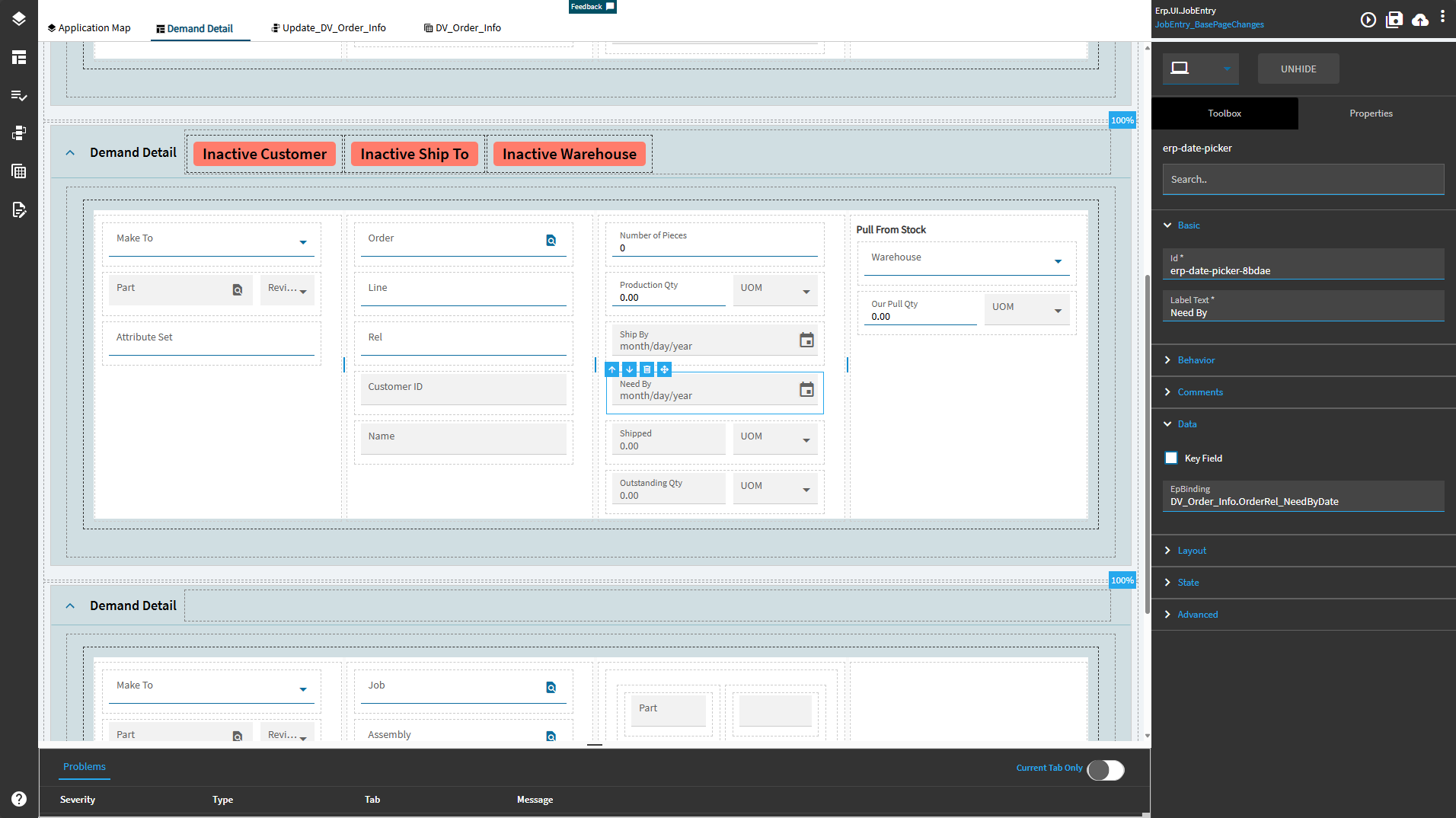 Layout designer with a date picker selected; the Properties tab shows the Basic group (Id, Label Text) and Data group (Key Field, EpBinding) expanded, with Behavior, Comments, Layout, State and Advanced collapsed