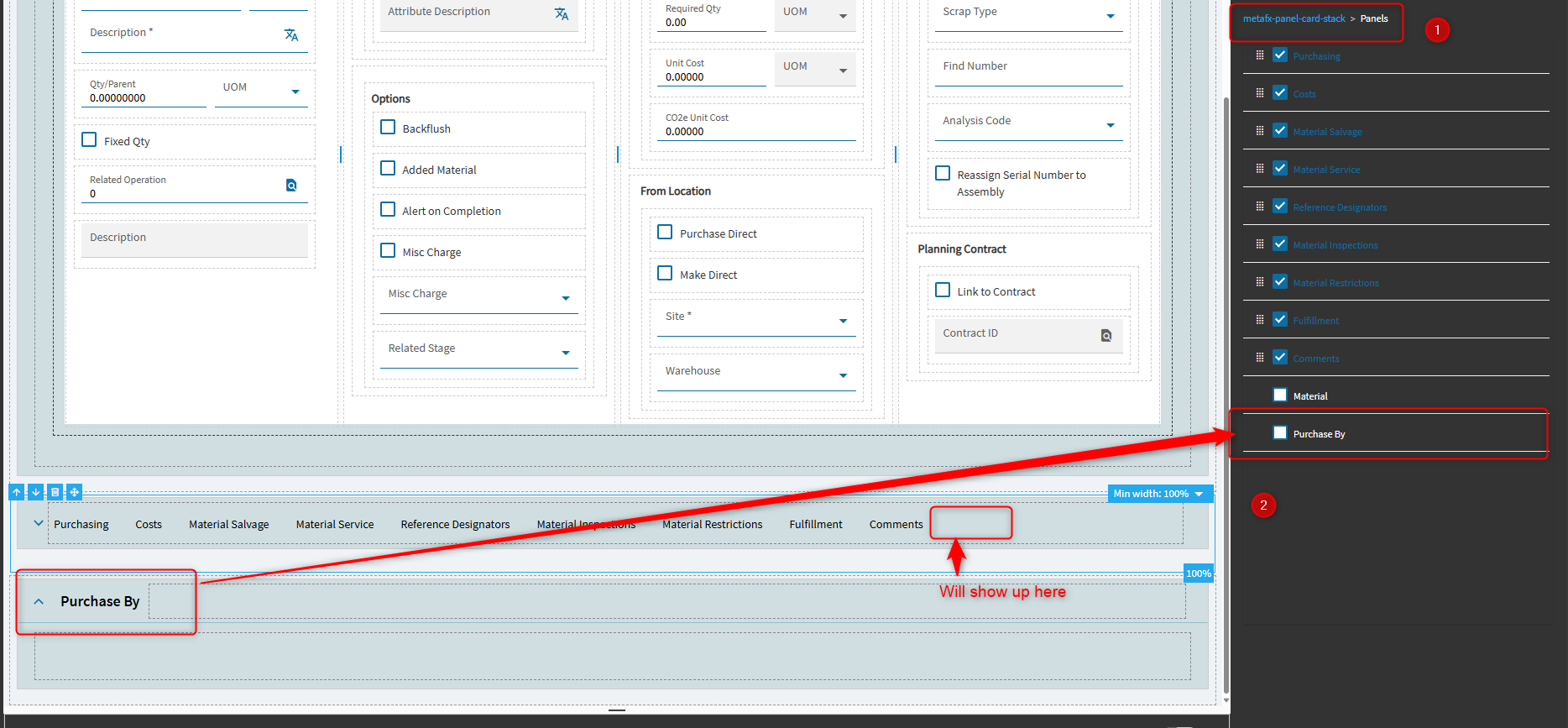 The metafx-panel-card-stack Panels list with the existing tabs ticked and a newly added Purchase By panel card unticked at the bottom; ticking it adds it as the next tab