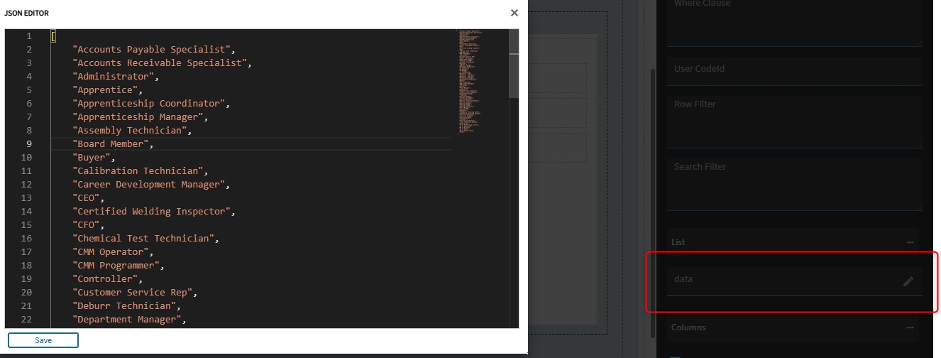 JSON editor holding a plain array of job-title strings, opened from the pencil on the combo box’s data property under List