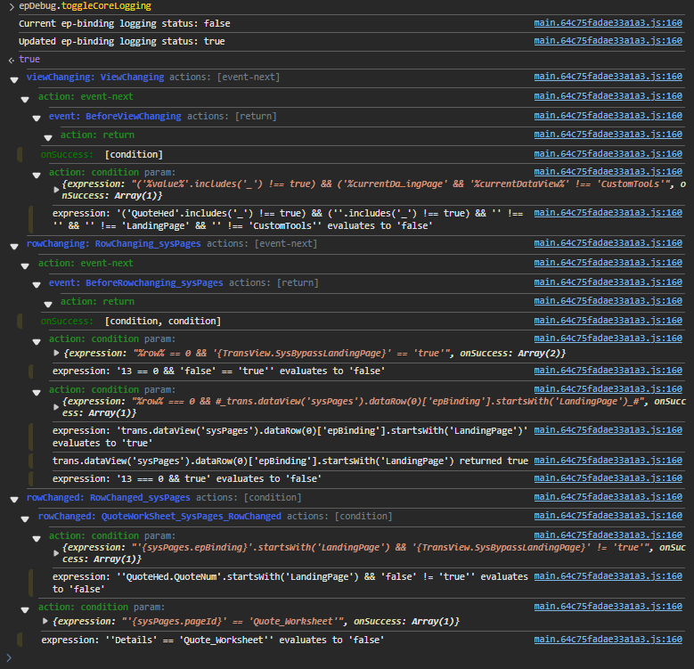 Console trace with ep-binding logging switched on: nested system events such as RowChanging_sysPages, each condition with its original expression and the substituted expression and whether it evaluates to true or false