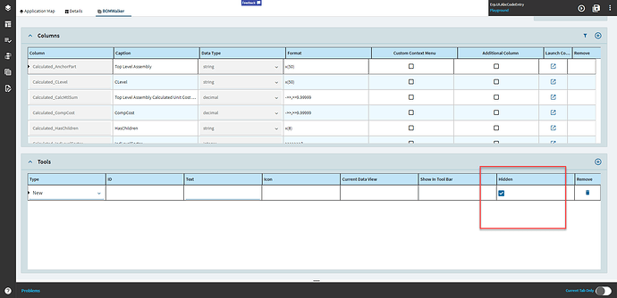 Data View designer, Tools section with a row of Type New and the Hidden checkbox ticked