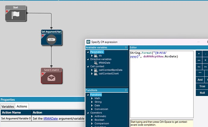 A Set Argument/Variable widget whose C# expression is String.Format with a {0/d/yyyy} format on a date field, storing the result in a string directive variable