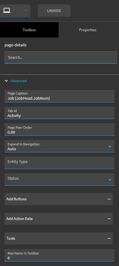 page-details Advanced properties: Page Caption, Tab Id, Add Buttons, Add Action Data, Tools and Max Items In Toolbar