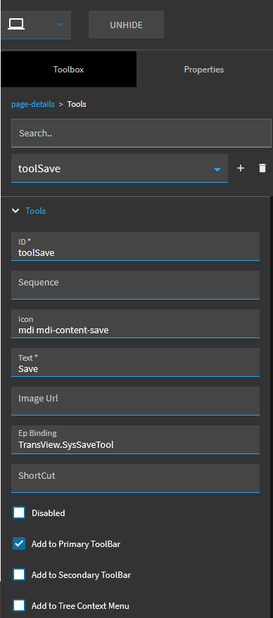 page-details > Tools with the toolSave tool selected: ID, Sequence, Icon mdi mdi-content-save, Text, Ep Binding TransView.SysSaveTool, and Add to Primary ToolBar ticked