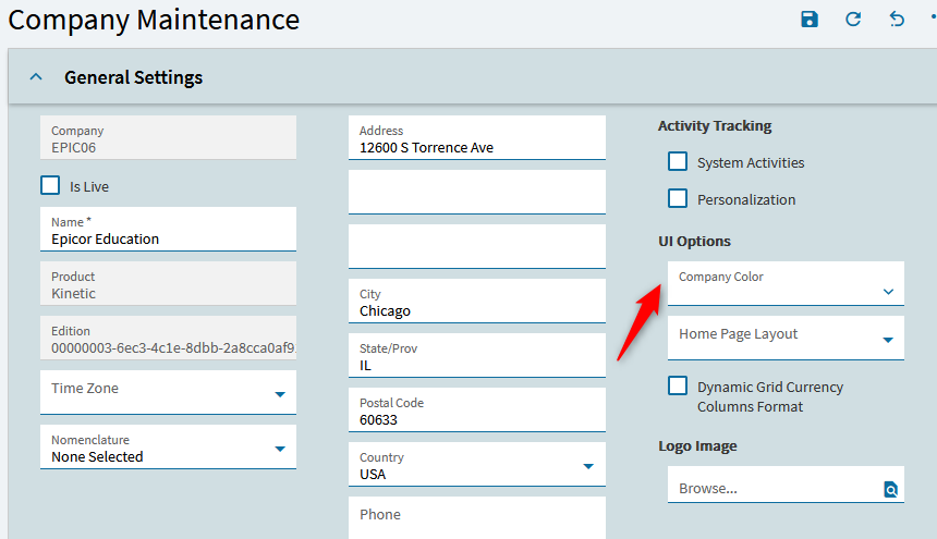 Company Maintenance General Settings with the Company Color drop-down under UI Options
