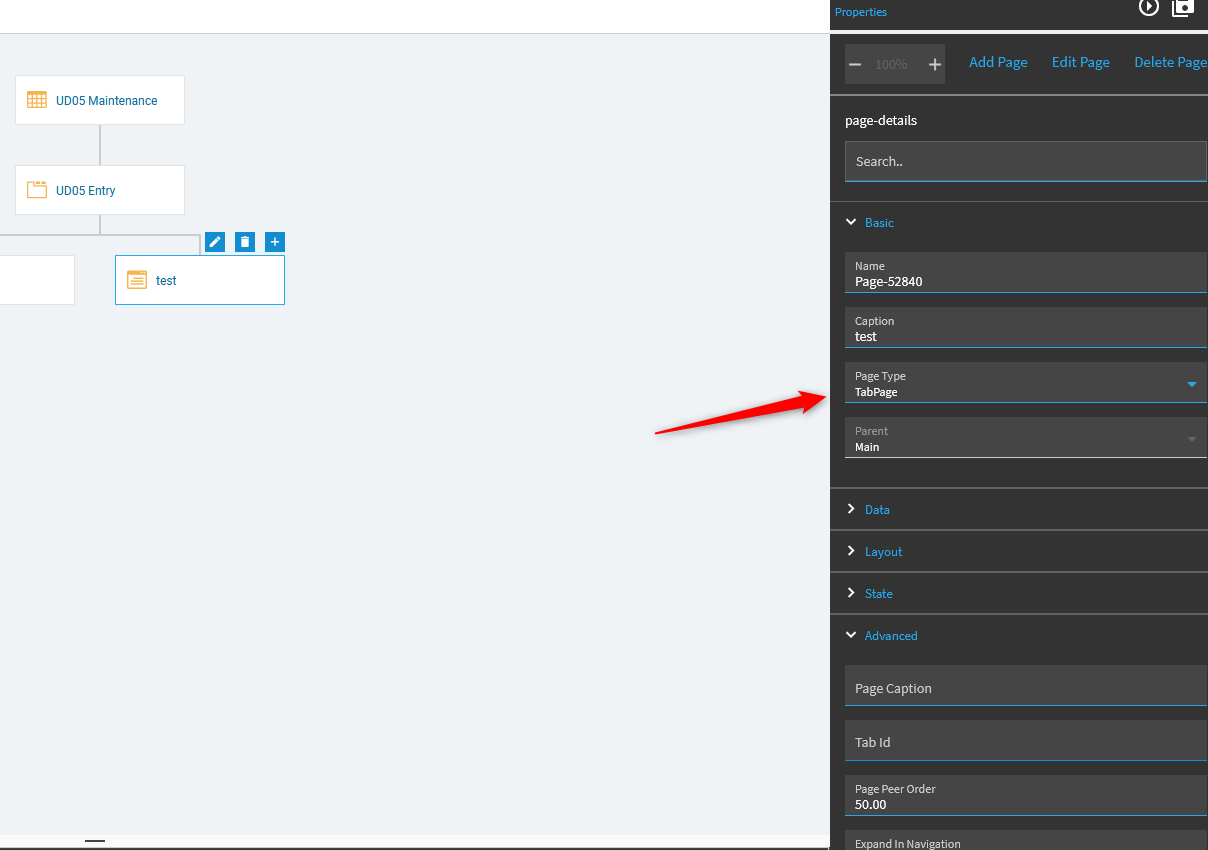 A new page added under the entry page in the Application Map, with its Name, Caption, Page Type TabPage and Parent shown in page-details