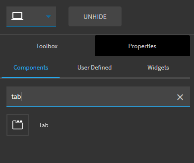 Toolbox Components search for “tab” returning the Tab component