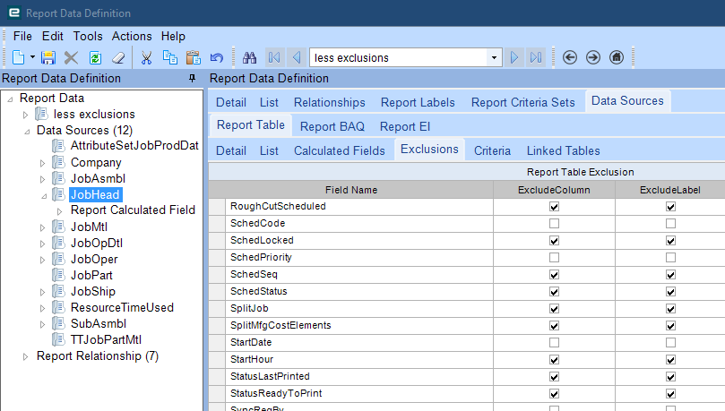 Report Data Definition Exclusions tab for JobHead with ExcludeColumn and ExcludeLabel check boxes per field