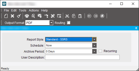 Report dialog with the Schedule drop-down, Recurring check box and User Description field