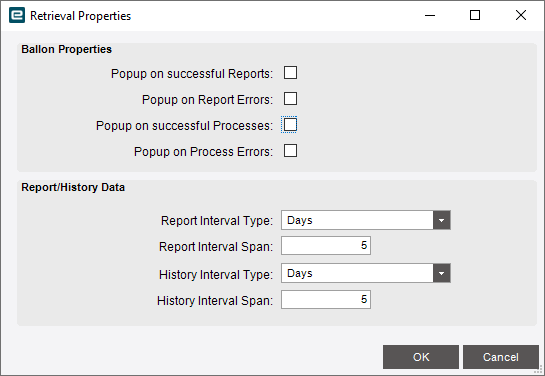 Retrieval Properties window with Balloon Properties check boxes for successful reports, report errors, successful processes and process errors