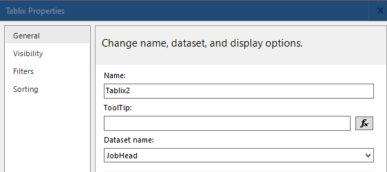 Tablix Properties General page showing the dataset name JobHead