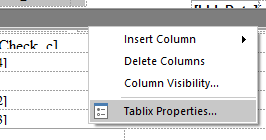 Right-click menu on a tablix’s gray edge with Tablix Properties at the bottom